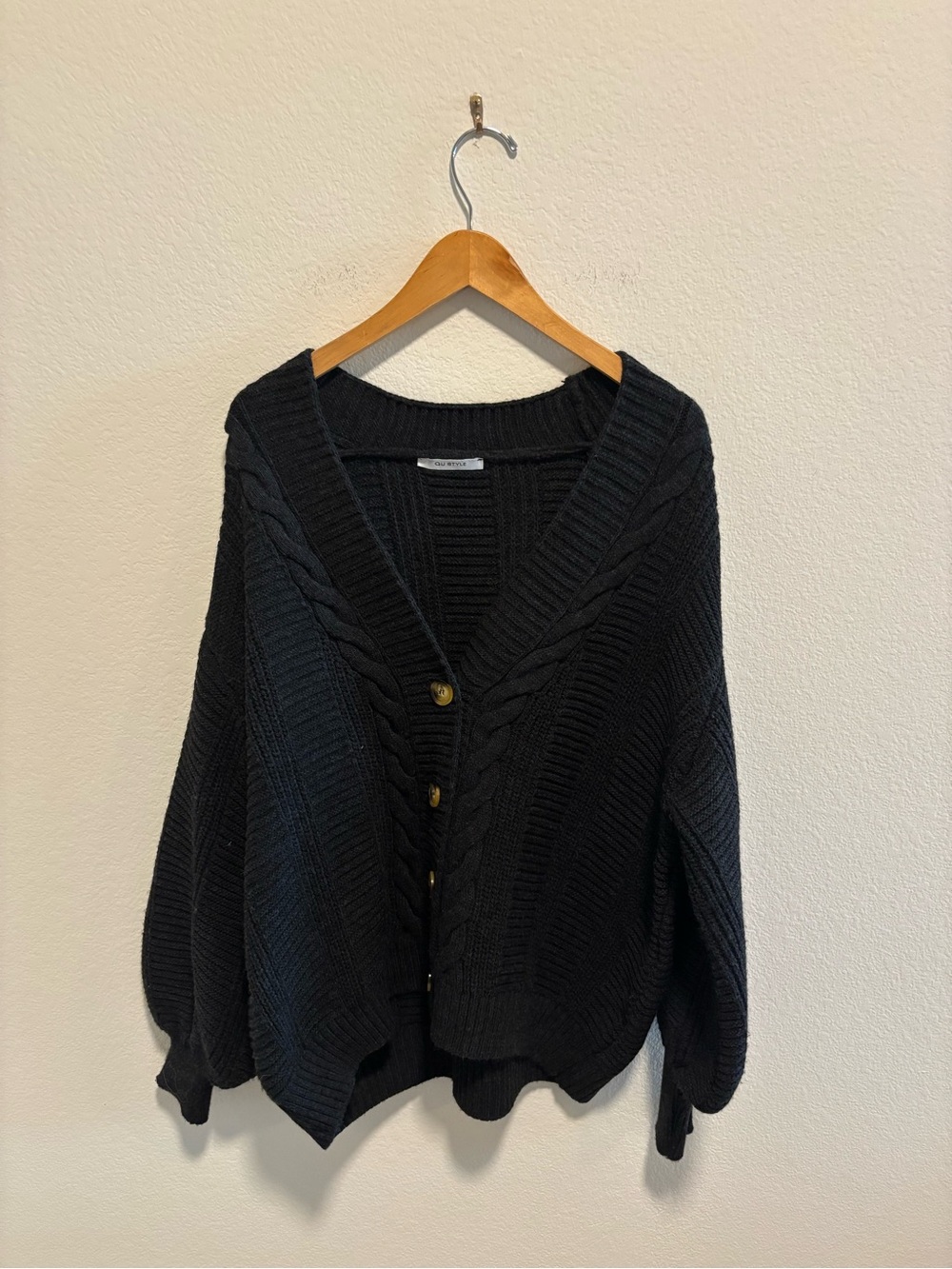 Black Cable-Knit Button-Front Women's Sweater Cardigan Oversized